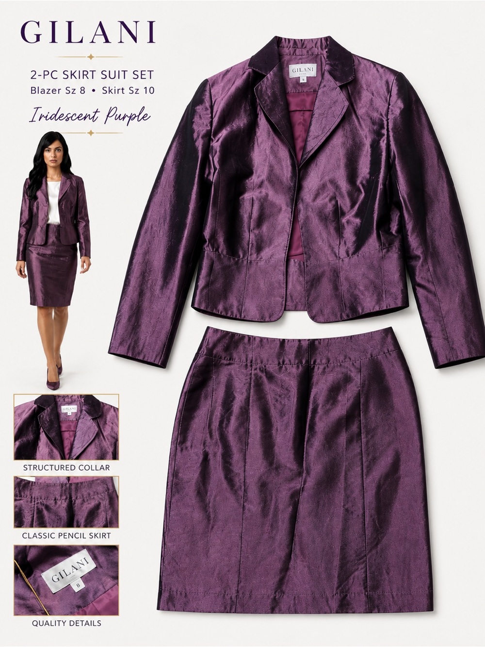Gilani Purple Iridescent 2 Piece Blazer Pencil Skirt Suit Set 8/10